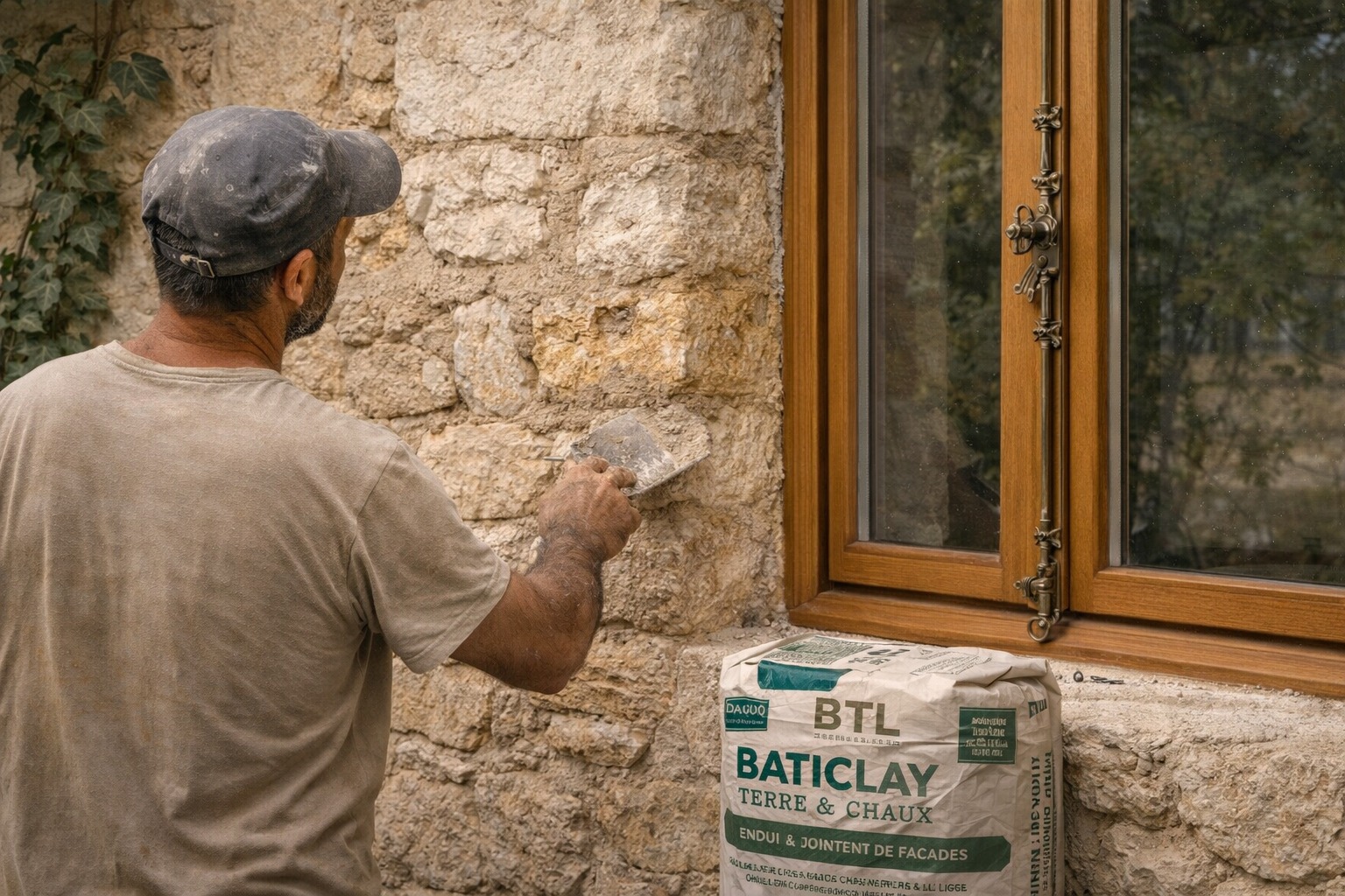 Artisan posant un enduit chaux naturel sur mur en pierre — diagnostic et méthode de restauration