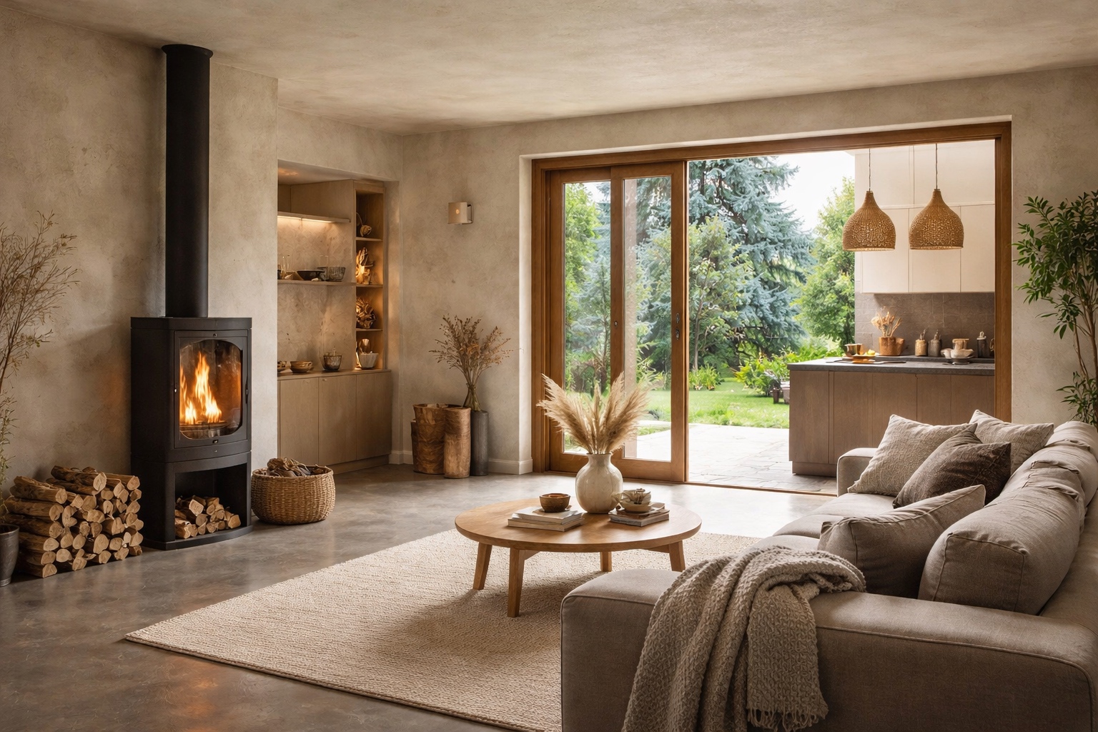 Intérieur de maison ancienne restaurée — mur en badigeon argile, sol béton naturel, lumière naturelle
