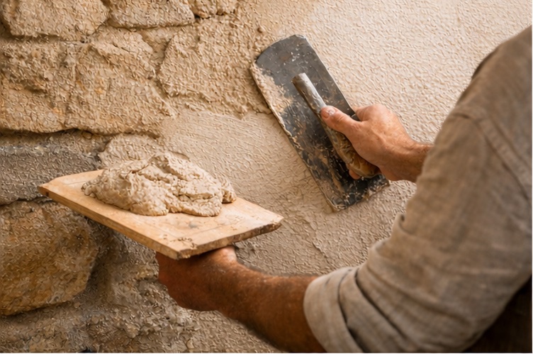 Rénovation façade en pierre tuffeau, enduit chaux naturel — Loir-et-Cher