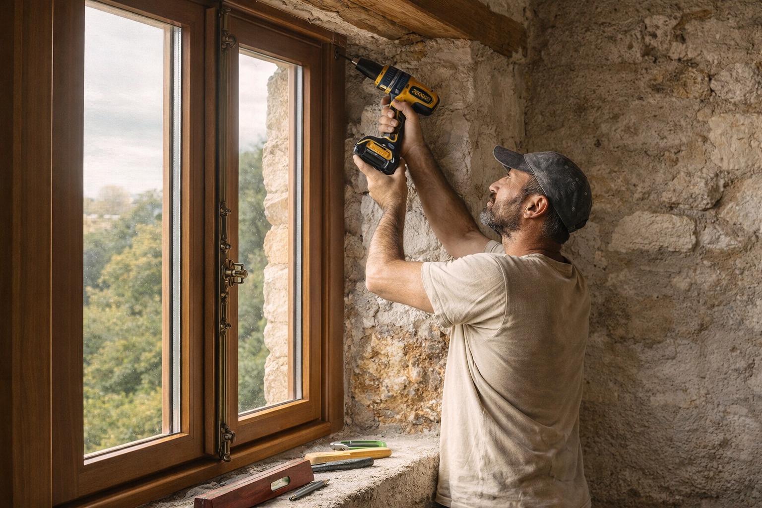 Fenêtre bois triple vitrage DAKO DDR-68 avec crémone décorative — bâtiment historique